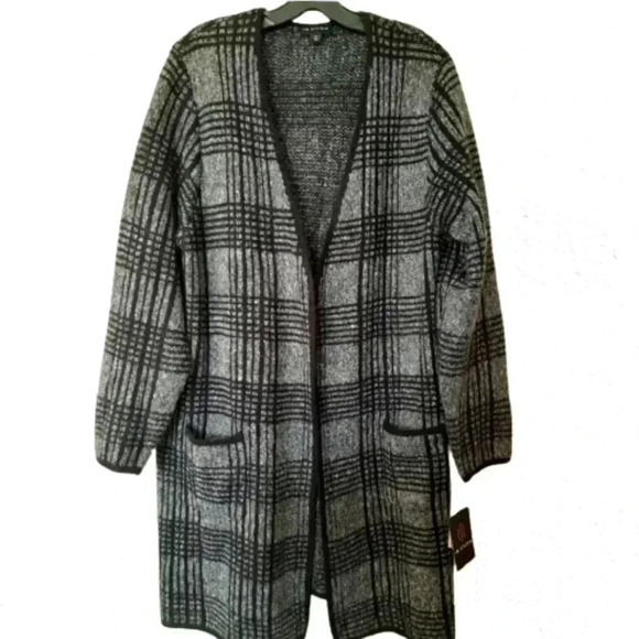 Long Black Gray Cozy Warm Open Cardigan Pockets Grannycore Office - Picture 1 of 5